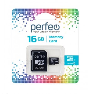 Карта памяти microSDHC 16Gb Perfeo, Class10, с адаптером.
