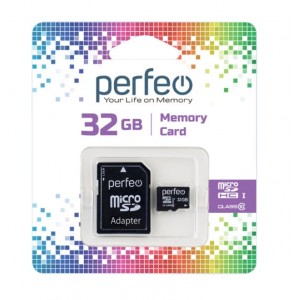 Карта памяти microSDHC 32Gb Perfeo, Class10, с адаптером.