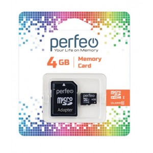 Карта памяти microSDHC 4Gb Perfeo, Class10, с адаптером