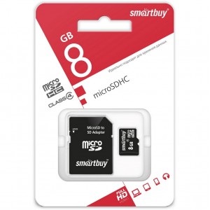 Карта памяти microSDHC 8Gb SmartBuy, Class4, с адаптером