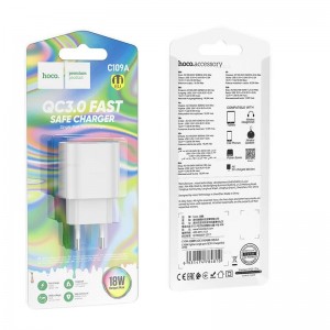 Блок питания сетевой 1 USB HOCO C109A, Fighter, 18Вт, QC3.0, цвет: белый