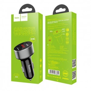 Блок питания автомобильный 2 USB HOCO, Z26, High Praise, дисплей,  чёрный