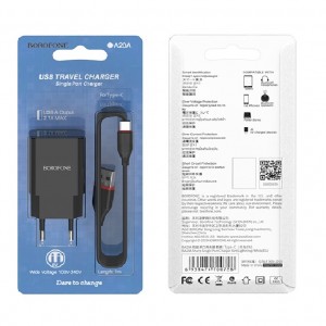 Блок питания сетевой 1 USB Borofone, BA20A, Sharp, 2100mA, пластик, кабель Type-C, цвет: чёрный
