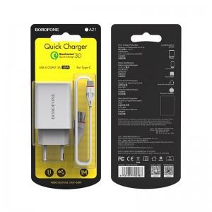 Блок питания сетевой 1 USB Borofone, BA21A, Long, 3000mA, пластик, QC3.0, кабель Type-C,  белый