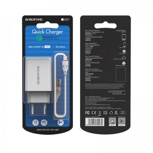 Блок питания сетевой 1 USB Borofone, BA21A, Long, 3000mA, пластик, QC3.0, кабель микро USB, цвет: белый
