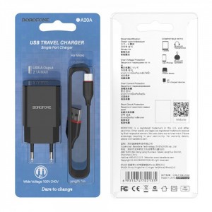 Блок питания сетевой 1 USB Borofone, BA20A, Sharp, 2100mA, пластик, кабель микро USB, цвет: черный