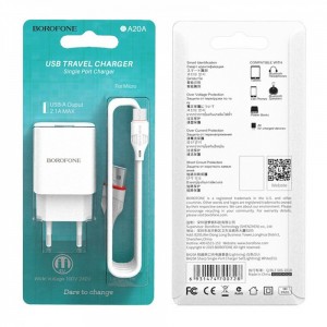 Блок питания сетевой 1 USB Borofone, BA20A, Sharp, 2100mA, пластик, кабель микро USB, цвет: белый