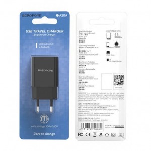 Блок питания сетевой 1 USB Borofone, BA20A, Sharp, 2100mA, пластик, цвет: чёрный