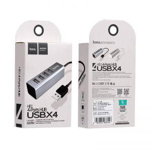 USB-концентратор HOCO HB1, 4 гнезда, 1 USB выход, цвет: серый