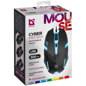 Мышь проводная Defender, MB-560L, Сyber, 1200 DPI, оптическая, USB, 3 кнопки, цвет: чёрный