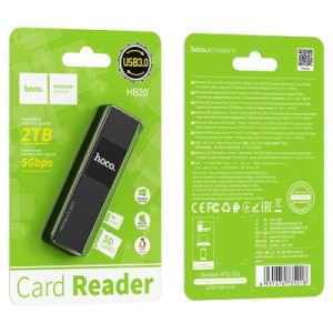 Кардридер HOCO, HB20, USB 3.0, пластик, TF/ SD карта, цвет: чёрный