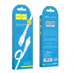 Кабель USB - 8 pin HOCO X40 Noah, 1.0м, плоский, 2.4A, силикон, цвет: белый
