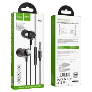 Наушники внутриканальные HOCO M87, String, пластик, силикон, микрофон, кнопка ответа, регулятор громкости, кабель 1.2м, цвет: чёрный