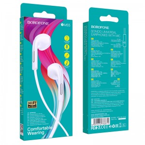 Наушники внутриканальные Borofone BM55, Sonido, микрофон, кнопка ответа, регулятор громкости, кабель 1.2м, цвет: белый