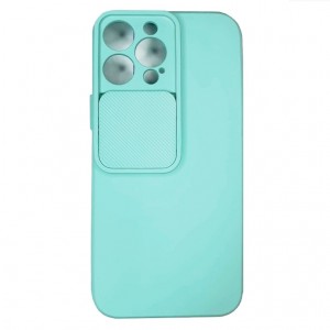 Чехол силиконовый с бархатом внутри (раздвижное окно) для iPhone 13 Pro Max, бирюзовый (П-19)
