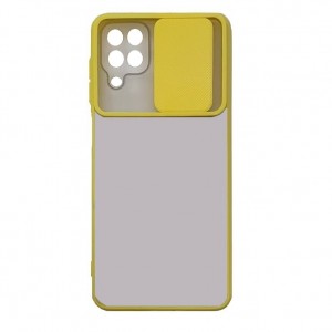Чехол силиконовый матовый прозрачный с цветными краями и защитой камеры (раздвижное окно) для Samsung Galaxy A12/M12, цвет: желтый (П-19)