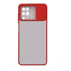 Чехол силиконовый матовый прозрачный с цветными краями и защитой камеры (раздвижное окно) для Samsung Galaxy A12/M12, цвет: красный (П-19)