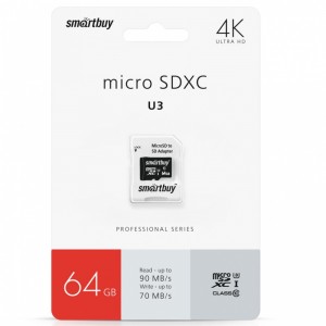 micro SDXC карта памяти Smartbuy 64GB Class10 PRO U3 R/W:95/60 MB/s (с адаптером SD)