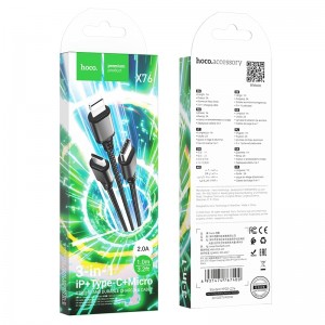 Кабель HOCO X76 3в1, USB - 8-pin, микро USB, Type-C, 1.0м, 2.0A, ткань, 3 в 1 , цвет: чёрный