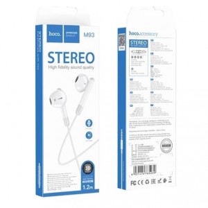 Наушники внутриканальные HOCO M93, силикон, микрофон, кнопка ответа, регулятор громкости, кабель Jack 3.5mm, 1.2м, цвет: белый