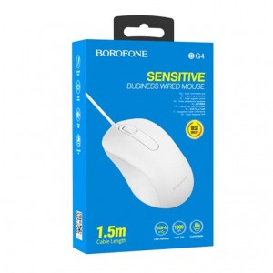 Мышь проводная Borofone, BG4, Business, оптическая, 3 кнопки, цвет: белый