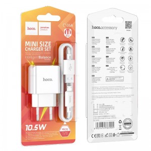 Блок питания сетевой 1 USB Hoco, C106A, 2100mA, пластик, кабель микро USB, цвет: белый
