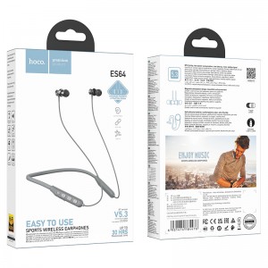 Наушники внутриканальные HOCO ES64, пластик, микрофон, кнопка ответа, Bluetooth 5.3, регулятор громкости, цвет: серый