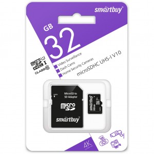 micro SDHC карта памяти Smartbuy 032GB cl10 U1 V10 для видеонаблюдения (с адаптером SD)