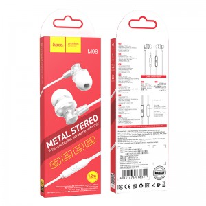 Наушники внутриканальные HOCO M98, пластик, микрофон, кнопка ответа, кабель 1.2м, цвет: серебряный