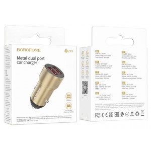 Блок питания автомобильный 2 USB Borofone BZ19, Wisdom, 12Вт, цвет: золотой