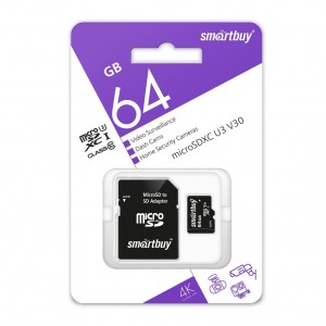 micro SDXC карта памяти Smartbuy 64GB cl10 U3 V30 для видеонаблюдения (с адаптером SD)