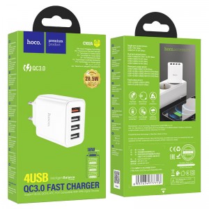 Блок питания сетевой 4 USB HOCO C102A, Fuerza, 2100mA, 28.5Вт, QC3.0, FCP, AFC, цвет: белый