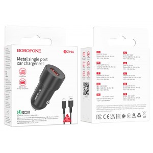 Блок питания автомобильный 1 USB Borofone BZ19A, Wisdom, 18Вт, QC3.0, кабель Type-C, цвет: черный
