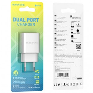 Блок питания сетевой 2 USB Borofone, BA53A, Powerway, 2100mA, пластик, цвет: белый