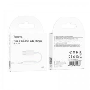 Переходник AUX, Type-C(m) - Jack 3,5mm(f) Hoco LS35, круглый, пластик, микрофон, кабель 0.1м, цвет: белый