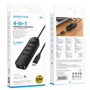 USB-концентратор Borofone DH5, 4 USB выхода, кабель Type-C, цвет: чёрный