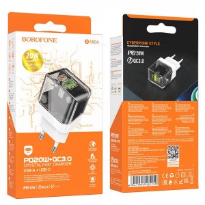 Блок питания сетевой 1 USB, Type-C Borofone BA80A, 20Вт, QC3.0, PD, цвет: черный