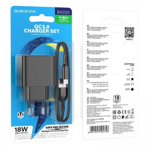 Блок питания сетевой 1 USB Borofone BAS12A, 3000mA, QC3.0, QC2.0, FCP, AFC, кабель микро USB, цвет: черный