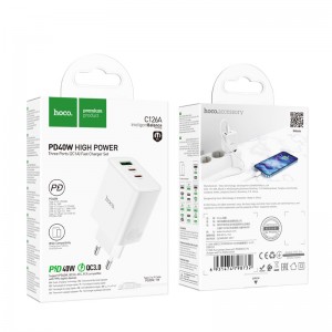 Блок питания сетевой 1 USB, 2 Type-C HOCO C126A, PD 40Вт, кабель Type-C-8-pin, цвет: белый