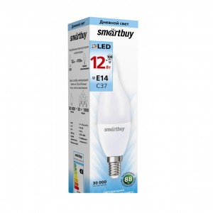 Светодиодная (LED) Свеча на ветру матовая Лампа Smartbuy-C37-12W/4000/E14 (SBL-C37Can-12-40K-E14)