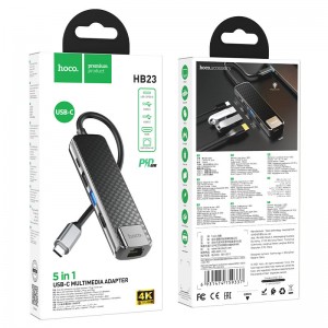 USB-концентратор HOCO HB23, Easy, пластик, силикон, 2 USB выхода, RJ45, 1 HDMI, кабель Type-C, цвет: серый