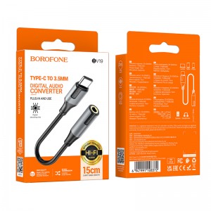 Переходник AUX, Type-C(m) - Jack 3,5mm(f) Borofone BV19, круглый, пластик, микрофон, кабель 0.1м, цвет: черный
