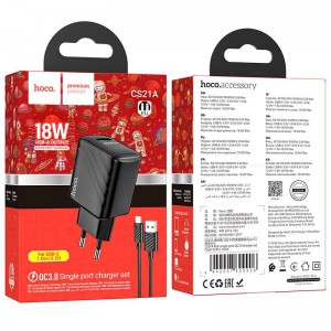 Блок питания сетевой 1 USB HOCO CS21A, 18Вт, QC, FCP, AFC, кабель Type-C, цвет: чёрный