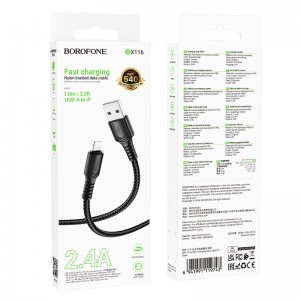 Кабель USB - 8 pin Borofone BX116, 1.0м, 2.4A, цвет: чёрный