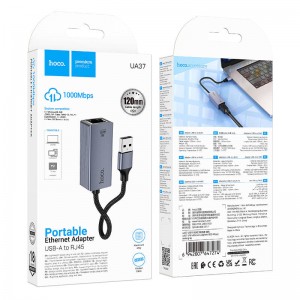 Адаптер USB 2.0(m) - RG45(f) HOCO UA37, цвет: серый