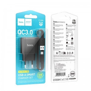 Блок питания сетевой 1 USB HOCO C140A, 18Вт, QC3.0, FCP, AFC, кабель USB - микро USB, 1.0м, цвет: белый
