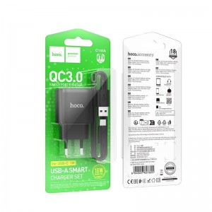 Блок питания сетевой USB HOCO C140A, 18Вт, QC3.0, FCP, AFC, кабель USB - Type-C, 1.0м, цвет: чёрный