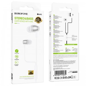 Наушники внутриканальные Borofone BM95, Excepcional, Jack 3.5мм, 1.2 м, цвет: белый, серая вставка