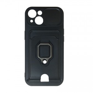 Чехол силиконовый с визиткой и магнитным держателем, матовый с защитой камеры, для iPhone 15, цвет: черный