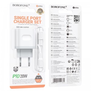 Блок питания сетевой Type-C Borofone BA99A, QC3.0, PD 20Вт, кабель Type-C-8-pin, цвет: белый